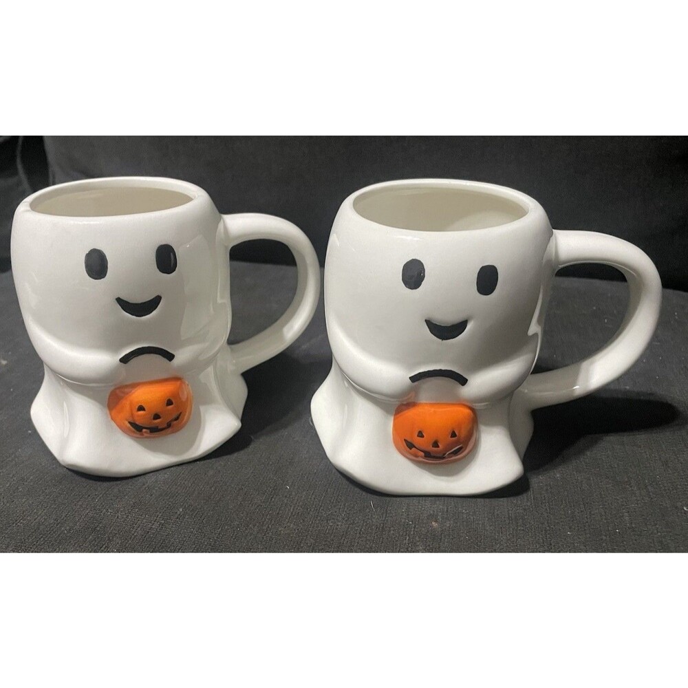 Ghost Halloween Mugs Lot of 2 Pumpkin Trick Or Treating Holiday  NEW